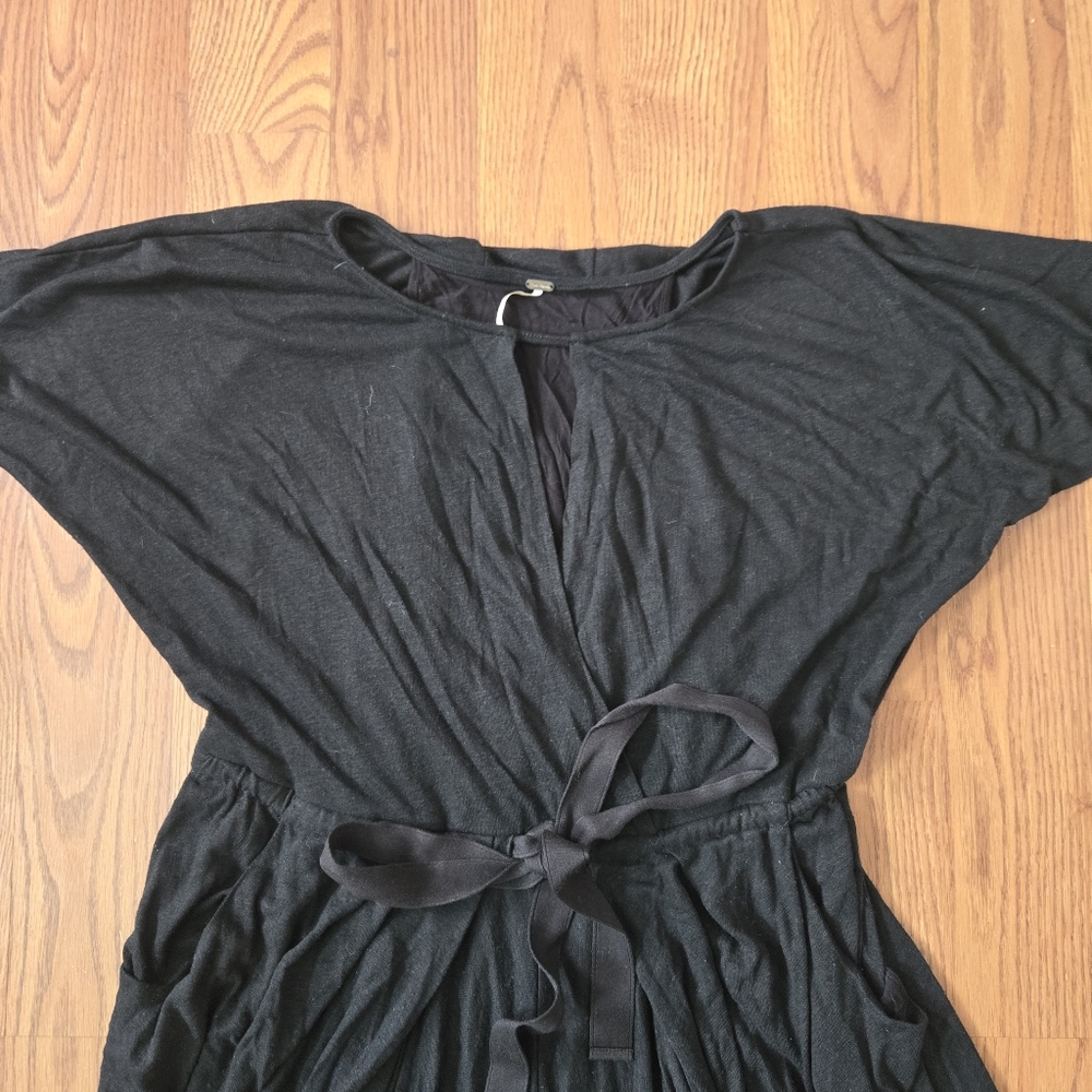 Free People Guaze Midi Dress Black Linen Casual A-Line Draped Pockets Keyhole S - Picture 15 of 15